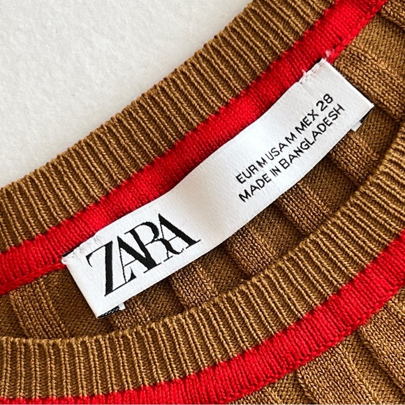 Zara Ribbed Long Sleeve Sweater Womens Brown Contrasting Piping Pullover Medium - Picture 7 of 11